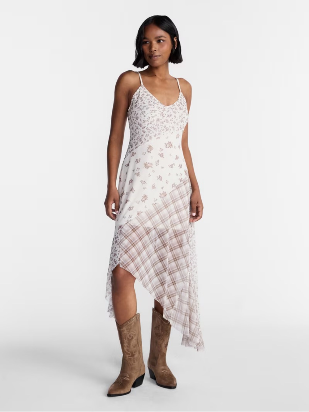 No Boundaries Mix Midi Dress Floral & Plaid Asymmetrical Slip Dress